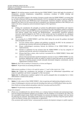 AD HOC WORKING GROUP ON THE
DURBAN PLATFORM FOR ENHANCED ACTION
ADP.2015.11.InformalNote
9 of 54
Option 2: [In tracking progress towards achieving their NDMC/NDMCC, Parties shall apply the principles of
transparency, accuracy, completeness, comparability, consistency, avoidance of double counting, and
environmental integrity.]
[The rules and guidance related to the tracking of progress towards achieving NDMC/NDMCC accounting [that
are set forth in [relevant COP decisions and in] decision 1/CP.21], including with respect to land use [and land-
use change] [and forests] [and REDD-plus] [and internationally transferred mitigation outcomes], [shall be
adopted by the CMA at its first session and may be amended by any subsequent decisions of the CMA] [so as to
improve the clarity, transparency and environmental integrity of this Agreement.]
Option 3:
(a) [Taking into consideration the principles of common but differentiated responsibilities and respective
capabilities, and Article 4, paragraph 9, of the Convention] [The rules and guidance related to accounting
[that are set forth in [relevant COP decisions and in] decision 1/CP.21], including with respect to land use
[and land-use change] [and forests][ and REDD-plus][and internationally transferred mitigation
outcomes], [shall be adopted by the CMA at its first session and may be amended by any subsequent
decisions of the CMA] [so as to improve the clarity, transparency and environmental integrity of this
Agreement.]
(b) [In accounting for its NDMC/NDMCC, each Party shall, taking into account the guidance developed
under paragraph [x](a) above]:
(i) [Use the common metrics, guidance and guidelines accepted by the IPCC for the estimation of
greenhouse gas emissions and removals and agreed by the CMA];
(ii) [Ensure methodological consistency between the definition of the NDMC/NDMCC and its
implementation];
(iii) [Include an explanation for the exclusion from the NDMC/NDMCC of any key categories of
emissions and removals, and strive to include these over time];
(iv) [[Ensure that] Once a source, sink or activity is accounted for in a NDMC/NDMCC, Parties shall
continue to include it];
(v) [[Ensure that] internationally transferred mitigation outcomes to meet its NDMC/NDMCC are real,
permanent, additional and verified, are subject to systems to ensure that units are not counted more
than once in tracking progress towards nationally determined mitigation commitments, and are
supplemental to domestic action].
Option 4: {Deal with accounting in Transparency of Action and Support}
Option 5: No provisions on accounting and land use
Differentiation modulator {A choice to be made for options 1, 2, and 3 of this Article (Art. 3.10)}
Option (a): [Taking into consideration the principles of common but differentiated responsibilities and
respective capabilities, and Article 4, paragraph 9, of the Convention]
Option (b): No differentiation modulator applied in this specific paragraph (does not prejudge how or where
differentiation is treated in this section).
{Methods and guidance}
11. Option 1: In the context of their NDMC/NDMCC, when recognizing and implementing mitigation actions in
respect of anthropogenic emissions and removals [including from land use [or REDD-plus]], Parties may draw
from [/build on] existing methods and guidance under the Convention and from the IPCC.
Option 2: No provisions on accounting and land use.
{Long-term strategies}
12. [Parties [are invited][should strive ]][invite Parties, on a voluntary basis] to formulate and communicate longer-
term low-emission development strategies [in accordance with the modalities to be decided by the CMA at its
first session][Developed country Parties shall formulate low-emission development strategies with time frames
for achieving zero emissions. Developing country Parties are encouraged to develop a long-term green and low-
carbon development strategy, plan or programme, as appropriate].
[The secretariat shall maintain Parties’ communicated low-emission development strategies in a public registry.]
 