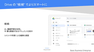 Cloud OnAir
Drive の "候補" でよりスマートに
Basic Business Enterprise
候補:
AI、機械学習を活用し
今 最も関連があるドキュメントを表示
コメントや同僚による編集も確認
 