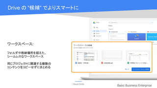 Cloud OnAir
Drive の "候補" でよりスマートに
Basic Business Enterprise
ワークスペース:
フォルダや格納場所を超えた、
シームレスなワークスペース
同じプロジェクトに関連する複数の
コンテンツをコピーせずにまとめる
 