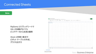 Cloud OnAir
Beta
Basic Business Enterprise
Connected Sheets
BigQuery とスプレッドシートで
SQL の知識がなくても
ビッグデータから知見を獲得
Sheet と同様に数式や
ピボット テーブルの作成、
グラフ化を行う
 