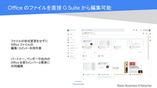 Cloud OnAir
Office のファイルを直接 G Suite から編集可能
ファイルの形式変更をせずに
Oﬃce ファイルの
編集・コメント・共同作業
パートナー、ベンダーや社内の
Oﬃce を使うメンバーと簡単に
共同編集
Basic Business Enterprise
 