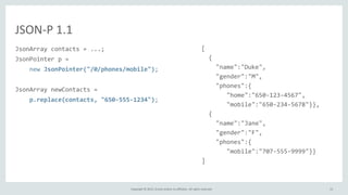 Copyright © 2015, Oracle and/or its affiliates. All rights reserved.
JSON-P 1.1
JsonArray contacts = ...;
JsonPointer p =
new JsonPointer("/0/phones/mobile");
JsonArray newContacts =
p.replace(contacts, "650-555-1234");
[
{
"name":"Duke",
"gender":"M",
"phones":{
"home":"650-123-4567",
"mobile":"650-234-5678"}},
{
"name":"Jane",
"gender":"F",
"phones":{
"mobile":"707-555-9999"}}
]
13
 