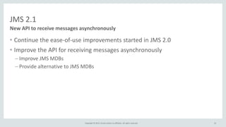 Copyright © 2015, Oracle and/or its affiliates. All rights reserved.
JMS 2.1
• Continue the ease-of-use improvements started in JMS 2.0
• Improve the API for receiving messages asynchronously
– Improve JMS MDBs
– Provide alternative to JMS MDBs
New API to receive messages asynchronously
32
 