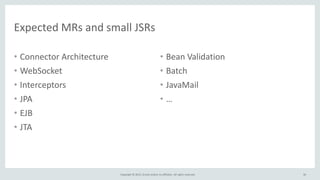 Copyright © 2015, Oracle and/or its affiliates. All rights reserved.
Expected MRs and small JSRs
• Connector Architecture
• WebSocket
• Interceptors
• JPA
• EJB
• JTA
• Bean Validation
• Batch
• JavaMail
• …
36
 