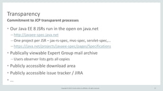 Copyright © 2015, Oracle and/or its affiliates. All rights reserved.
Transparency
• Our Java EE 8 JSRs run in the open on java.net
– http://javaee-spec.java.net
– One project per JSR – jax-rs-spec, mvc-spec, servlet-spec,…
– https://java.net/projects/javaee-spec/pages/Specifications
• Publically viewable Expert Group mail archive
– Users observer lists gets all copies
• Publicly accessible download area
• Publicly accessible issue tracker / JIRA
• …
Commitment to JCP transparent processes
37
 