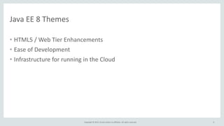 Copyright © 2015, Oracle and/or its affiliates. All rights reserved.
Java EE 8 Themes
• HTML5 / Web Tier Enhancements
• Ease of Development
• Infrastructure for running in the Cloud
6
 