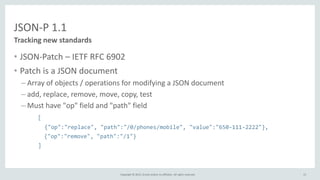 Copyright © 2015, Oracle and/or its affiliates. All rights reserved.
JSON-P 1.1
• JSON-Patch – IETF RFC 6902
• Patch is a ...