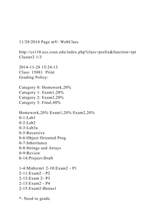 11/28/2014 Page mV: WebClass
http://cs110.ecs.csun.edu/index.php?class=prefix&function=rpt
Cluster2 1/3
2014-11-28 15:24:13
Class: 15081 Print
Grading Policy:
Category 0: Homework,20%
Category 1: Exam1,20%
Category 2: Exam2,20%
Category 3: Final,40%
Homework,20% Exam1,20% Exam2,20%
0-1:Lab1
0-2:Lab2
0-3:Lab3a
0-5:Recursive
0-6:Object Oriented Prog.
0-7:Inheritance
0-8:Strings and Arrays
0-9:Review
0-14:Project-Draft
1-4:Midterm1 2-10:Exam2 - P1
2-11:Exam2 - P2
2-12:Exam 2- P3
2-13:Exam2 - P4
2-15:Exam2-Bonus1
*: Need to grade.
 