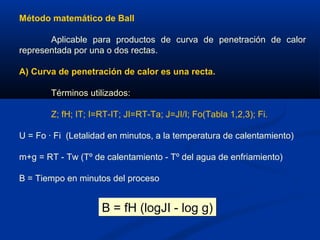 Método matemático de Ball
Aplicable para productos de curva de penetración de calor
representada por una o dos rectas.
A) Curva de penetración de calor es una recta.
Términos utilizados:
Z; fH; IT; I=RT-IT; JI=RT-Ta; J=JI/I; Fo(Tabla 1,2,3); Fi.
U = Fo · Fi (Letalidad en minutos, a la temperatura de calentamiento)
m+g = RT - Tw (Tº de calentamiento - Tº del agua de enfriamiento)
B = Tiempo en minutos del proceso
B = fH (logJI - log g)B = fH (logJI - log g)
 