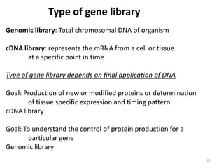 21
Genomic library: Total chromosomal DNA of organism
cDNA library: represents the mRNA from a cell or tissue
at a specific point in time
Type of gene library depends on final application of DNA
Goal: Production of new or modified proteins or determination
of tissue specific expression and timing pattern
cDNA library
Goal: To understand the control of protein production for a
particular gene
Genomic library
Type of gene library
 
