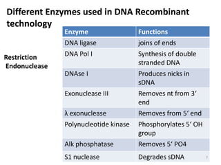 Enzyme Functions
DNA ligase joins of ends
DNA Pol I Synthesis of double
stranded DNA
DNAse I Produces nicks in
sDNA
Exonuclease III Removes nt from 3‘
end
λ exonuclease Removes from 5‘ end
Polynucleotide kinase Phosphorylates 5‘ OH
group
Alk phosphatase Removes 5‘ PO4
S1 nuclease Degrades sDNA
Different Enzymes used in DNA Recombinant
technology
Restriction
Endonuclease
7
 