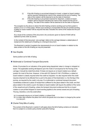 ICC Banking Commission Recommendations in respect of On Board Notations




                  (i)     if the bill of lading is pre-printed shipped on board, a dated on board notation
                           will be required indicating the name of the vessel and the port of loading. The
                           date of the notation will be deemed to be the date of shipment;
                  (ii)    if the bill of lading is pre-printed received for shipment, a dated on board
                           notation will be required indicating the name of the vessel and the port of
                           loading. The date of the notation will be deemed to be the date of shipment.

     The exception to the above is where the bill of lading contains wording such as that quoted in
     section 2.6 or 2.7 of this paper. Where such wording is incorporated into the pre-printed wording,
     a dated on board notation will be required that also indicates the name of the vessel and the port
     of loading.

     As a result of the contents of this document, the conclusion given to Opinion R.644 will be
     replaced by that under (b) above.

     In the context of this document, „pre-carriage‟ refers to the carriage between a stated place of
     receipt and the stated port of loading on a transport document.

     The flowchart in section 6 explains the requirements for an on board notation in relation to the
     data content of the bill of lading as may be presented.


 Sea Waybills

    Same position as for bills of lading.


 Multimodal or Combined Transport Documents

    Article 19 provides for an indication of the goods being dispatched, taken in charge or shipped on
    board. The applicable wording will depend upon the mode of conveyance for the first leg of the
    carriage. It should be noted that article 19 does not require an on board notation as a default
    position for most of the time. However, in line with ICC Opinion R. 641 (TA.650rev), a dated on
    board notation is clearly required when the credit so requests. It is also required when the credit
    requires shipment to be effected from a port to the place of final destination i.e. the first leg of the
    journey, as required by the credit, is by sea. If a multimodal or combined transport document
    nonetheless evidences a place of receipt that is different to the place stated in the credit, and that
    place stated in the credit is a port, the dated on board notation will require the addition of the name
    of the vessel and port of loading, unless the transport document evidences that the on board
    notation or pre-printed shipped on board wording applies to the named vessel and port of loading.
    The key, therefore, is for the credit either:

     (a) to expressly require an on board notation, or absent that;
     (b) to make clear whether the place from which the goods are to be taken in charge by the carrier
         is a sea port.

 Charter Party Bills of Lading

    The content of the flowchart in section 6 will apply where the bill of lading contains an indication
    that it is subject to a charter party (charter party bill of lading).




8                                                                                               470/1128rev final
 