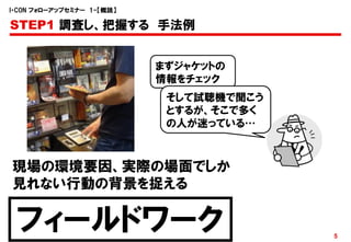 I・CON フォローアップセミナー 1-【概説】

STEP1 調査し、把握する 手法例


                           まずジャケットの
                           情報をチェック
                            そして試聴機で聞こう
                            とするが、そこで多く
                            の人が迷っている…



現場の環境要因、実際の場面でしか
見れない行動の背景を捉える

 フィールドワーク                                5
 