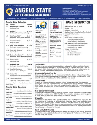 #RAMSHOMETURF // 1 
GAME 12 // COLORADO STATE-PUEBLO RECORD: 9-2 / 5-2 LSC 
ANGELOSPORTS.COM 
Angelo State Schedule 
Date ...