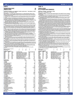 #RAMSHOMETURF // 17 
GAME 12 // COLORADO STATE-PUEBLO RECORD: 9-2 / 5-2 LSC 
ANGELOSPORTS.COM 
GAME 9 
MIDWESTERN STATE 36 
ANGELO STATE 41 
LEGRAND STADIUM AT 1ST COMMUNITY CREDIT UNION FIELD // SAN ANGELO, TEXAS 
NOV. 8, 2014 // ATTENDANCE: 3,454 
SAN ANGELO – The Angelo State football team held on to defeat Midwestern State 41-36 in 
the first round of the LSC Playoffs at LeGrand Stadium at 1st Community Credit Union Field to 
setup a rematch with Texas A&M-Commerce for the LSC Playoff Championship next Saturday in 
Commerce, Texas, at 4 p.m. 
The Rams (7-2, 4-2 LSC) used big plays on offense and got some key stops by the defense 
in the fourth quarter. The Mustangs (6-3, 4-2 LSC) outgained ASU 444-491 but committed two 
turnovers. 
Junior quarterback Kyle Washington threw 268 yards and four touchdowns on 14-of-28 
passing and rushed for 184 yards and two touchdowns on the ground. The Humble native 
averaged 15.3 yards per rush. Brett Rasberry, Chris Omigie, Talon Smith and Dakarai Pecikonis 
each had a touchdown pass. Omigie led all receivers with three receptions for 105 yards. 
Rush Seaver was one of four defensive players with double-digit tackles. The senior recorded 
14 stops with Blair Smith chipping in 13 and added an interception. 
Midwestern State had cut the Rams lead to 41-36 with 3:27 to go after a lengthy 20-play 
94-yard drive lasted 8:55. Jake Glover found Joe Sanders in the back of the end zone for the 
quarterback’s third touchdown of the night. 
The Mustangs tried an onside kick but ASU was able to recover it but were unable to get a 
first down to secure the win. Midwestern State would take over on its own 17-yard line with 2:23 
to go. 
The Mustangs used the middle of the field to take it to the ASU 48-yard line before an illegal 
shift nullified a three-yard gain. Two plays later MSU was penalized for holding to make it third 
and 16 at the MSU 37-yard line. Glover threw incomplete to Joe Sanders to setup the deciding 
fourth down. Glover was flushed out of the pocket and cut back across the field. Jonathan 
Shannon came up and made an open field tackle to stop the MSU quarterback short of the first 
down. 
The big plays for the Rams started early. The first offensive play of the game Washington hit 
Omigie on a slant. The senior wide receiver found open field and raced 69-yards for the game’s 
first score. Midwestern State responded on the very next drive with a 13 play 73-yard drive that 
was capped off with a 20-yard touchdown pass from Glover to Statron Jones to tie the game. 
Washington went to work again through the air. The junior found Omigie again for a 30-yard 
gain and three plays later hit Rasberry to take the lead back at 14-7. 
The Ram defense forced a three-and-out and Washington found another big play. T. Smith 
caught a ball and outran the secondary for a 59-yard touchdown and a 21-7 advantage. 
MSU was faced with a third and eight on the ensuing drive at the Rams 9-yard line but Glover 
found Derek Lockhart for a 9-yard score. It was the only score by either team in the second 
quarter. The Rams went into halftime ahead 21-14. 
Washington electrified the crowd on the first play of the second half carrying the ball 68 yards 
to put ASU on top 28-14. 
ASU was lining up to punt on fourth down when MSU’s Adam Hill got through the line and 
knocked a player into Sam Fowler’s kick. The Mustangs recovered at the Rams 49-yard line. 
Harris would score five plays later and MSU threw a pass for the two-point conversion to cut the 
deficit to 28-22. 
The Rams responded with a quick scoring four-play drive. Trey Green got around the corner 
and rushed for 11 yards to the Midwestern State 30-yard line. Washington would take it the next 
30-yards for his second rushing touchdown of the night. The Rams would no convert the two-point 
conversion. 
With the score at 34-22, the Rams forced a Midwestern State punt. Paul Mason was sent back 
and muffed the punt to give MSU the ball at ASU’s 3-yard line. The Mustangs tried a rush to the 
corner but were stopped at the 1-yard line. MSU’s Quade Coward fumbled the ensuing snap and 
Walling jumped on it for ASU’s second takeaway of the night. 
The ground game would strike again for Midwestern State after stopping the Rams on the 
fumbled snap drive. Harris carried it for 61-yards before Dante Taylor would score of a 26-yard 
rush around the right side to make the game a one-score possession. 
Washington and the Rams offense again responded. Washington found 
Pecikonis to extend the lead to 41-29 late in the third quarter and setup the fourth quarter 
dramatics. 
Game 9 // Score by Quarters 1 2 3 4 - F 
Midwestern State 7 7 15 7 - 36 
Angelo State 21 0 20 0 - 41 
SCORING SUMMARY 
TEAM QTR TIME SCORING PLAY PLAYS-YARDS TOP 
ASU 1st 14:43 Chris Omigie 69-yard reception 1-69 :17 
MSU 1st 9:55 Statron Jones 20-yard reception 13-73 4:43 
ASU 1st 4:50 Brett Rasberry 7-yard reception 4-36 :54 
ASU 1st 1:54 Talon Smith 59-yard reception 4-69 1:34 
MSU 2nd 12:30 Derek Lockhard 9-yard reception 12-67 4:16 
ASU 3rd 12:33 Kyle Washingotn 68-yard run 1-68 :11 
MSU 3rd 7:21 Chauncy Harris 21-yard run 4-49 1:06 
ASU 3rd 6:20 Kyle Washington 30-yard run 4-59 :52 
MSU 3rd 2:25 Dante Taylor 26-yard run 2-77 :52 
ASU 3rd 1:33 Dakarai Pecikonis 23-yard recpetion 3-59 :49 
MSU 4th 3:30 Joe Sanders 7-yard reception 20-94 8:52 
TEAM STATS MSU ASU 
FIRST DOWNS 30 19 
Rushing 13 9 
Passing 14 8 
Penalty 3 2 
NET YARDS RUSHING 305 223 
Rushing Attempts 56 29 
Average Per Rush 5.4 7.7 
Rushing Touchdowns 2 2 
Yards Gained Rushing 335 232 
Yards Lost Rushing 30 9 
NET YARDS PASSING 250 268 
Completions-Attempts-Int 24-36-1 14-28-0 
Average Per Attempt 6.9 9.6 
Average Per Completion 10.4 19.1 
Passing Touchdowns 3 4 
TOTAL OFFENSE YARDS 555 491 
Total offense plays 92 57 
Average Gain Per Play 6.0 8.6 
Fumbles: Number-Lost 1-1 1-1 
Penalties: Number-Yards 11-90 9-86 
PUNTS-YARDS 6-239 7-239 
Average Yards Per Punt 39.8 34.1 
Net Yards Per Punt 33.8 32.4 
Inside 20 1 5 
50+ Yards 1 1 
Touchbacks 0 0 
Fair catch 1 0 
KICKOFFS-YARDS 5-219 7-418 
Average Yards Per Kickoff 43.8 59.7 
Net Yards Per Kickoff 31.8 38.6 
Touchbacks 0 0 
Punt returns: Number-Yards-TD 4-12-0 5-36-0 
Average Per Return 3.0 7.2 
Kickoff returns: Number-Yds-TD 7-148-0 4-60-0 
Average Per Return 21.1 15.0 
Interceptions: Number-Yds-TD 0-0-0 1-7-0 
Fumble Returns: Number-Yds-TD 0-0-0 0-0-0 
Miscellaneous Yards 0 0 
Possession Time 40:17 19:43 
1st Quarter 10:03 4:57 
2nd Quarter 8:47 6:13 
3rd Quarter 10:32 4:28 
4th Quarter 10:55 4:05 
Third-Down Conversions 8 of 18 4 of 11 
Fourth-Down Conversions 1 of 2 0 of 0 
Red-Zone Scores-Chances 3-5 1-1 
Touchdowns 3-5 1-1 
Field goals 0-5 0-1 
Sacks By: Number-Yards 0-0 2-12 
PAT Kicks 4-4 5-5 
Field Goals 0-1 0-1 
GAME 10 
ANGELO STATE 35 
No. 24 TEXAS A&M-COMMERCE 33 
MEMORIAL STADIUM // SAN ANGELO, TEXAS 
NOV. 8, 2014 // ATTENDANCE: 3,454 
COMMERCE, TEXAS – The Angelo State football withheld a Texas A&M-Commerce comeback 
by recovering an onside kick with 43 second left to defeat the Lions 35-33 to win the LSC Playoff 
Championship. 
The Rams (8-2) had control of the game until the Lions (7-3) came storming back with 20 
points in the fourth quarter. Joe Bergeron caught a 3-yard touchdown pass from Tyrik Rollison to 
make it a two-point game at 35-33 with 43 seconds to play. 
The ensuing two-point conversion was a pass to deep and the Rams had to face an onside 
kick. Brett Rasberry recovered the onside kick to seal the Rams first conference title since the 
1987 LSC Championship. 
ASU outgained the Lions 546-486 including 254 yards on the ground. The Rams converted 
11-of-18 on third down conversions and held the ball for 31:58 including 11:21 of the first quarter. 
Kyle Washington threw for 292 yards on 24-of-35 passing and three touchdowns. The junior 
quarterback set the single-season record for touchdown passes with 28 set by Josh Neiswander 
in 2008. Ryan Byrd carried the ball 23 times for 109 yards and one touchdown. It is the third 100- 
yard rushing game for the junior running back. Trey Green added 50 yards and a touchdown for 
ASU. Talon Smith made five catches for 101 yards and one touchdown while Anthony Yancy had 
eight catches for 77 yards. Dakarai Pecikonis added six catches for 42 yards and one touchdown. 
Defensively, Jonathan Shannon led the team with eight tackles with Ryan Clapsaddle adding 
seven tackles. John Silgia and Andy Gonzales each had 1.0 sack with Clayton Callicutt, Raymond 
Coen, Michael Walling and Jesse Hanson IV getting credit for half a sack each. 
ASU opened the game and drove it down to the TAMUC 12-yard line but failed to convert on 
fourth and one. The Ram defense forced a punt on the ensuing drive and the offense responded. 
A grinding 10 play 56-yard drive that covered 5:15 of the clock was capped off with a 6-yard 
touchdown reception by Dakarai Pecikonis. 
Texas A&M-Commerce was forced into a three and out on its next drive. Byrd gashed the Lion 
defense for a 36-yard run that setup a first down at the TAMUC 18-yard line. Washington stepped 
back and threw a perfect fade to Chris Omigie in the corner of the end zone for a 14-0 ASU lead. 
The Lions tried to respond with a 14-play drive. TAMUC had the ball at the ASU 10-yard line 
with a second and five. Two incomplete passes later and Saul Martinez would connect on a 27- 
yard field goal to cut the deficit to 14-3. 
The Rams were forced to punt and Texas A&M-Commerce added another Martinez field goal 
after Siligia sacked Tyrik Rollison on third down. 
Washington and the offense went back to work on the next drive. Washington dropped back 
on third and 13 and just got off a pass before being hit. The pass found Smith for a 61-yard strike 
and a 21-6 advantage at the break. 
The Rams defense came out of the half and forced its fourth punt of the game. The offense 
answered with a six play 92-yard drive. Green broke through the middle of the line and dashed 43 
yards for a 28-6 cushion. 
For the second consecutive drive the Ram defense forced another punt. The Lions defense 
would intercept Washington on the first play of the drive at the ASU41-yard line. Texas A&M-Commerce 
responded with a drive that went 11 plays. On fourth down at the ASU four-yard line 
Rollison found Ricky Collins for the score. 
After a Ram punt and a turnover on downs, ASU was faced with a third down at the TAMUC 
15-yard line. Yancy made one of his eight catches for 14 yards and Byrd carried it from 1-yard out 
for the 35-13 advantage to start the fourth quarter. 
The Lions answered in a big way. Rollison found Seth Smith on the first place of the drive for 
69-yards and the game was suddenly was 35-20. 
Texas A&M-Commerce forced another turnover on the first play of the ensuing drive. Izzy 
Eziakorat recovered the fumble at the ASU 45-yard line. The Lions drove down to the ASU 
1-yard line with a second down. Deric Davis was stopped for no gain to make it third down. Joe 
Bergeron lost a yard on third down to force a fourth and two. Blair Smith made the tackle on 
Bergeron to turn away the Lions. 
The Rams were unable to get out of the shadow of their end zone and punted the ball away. 
Rollison found Collins for a 5-yard touchdown to bring the score to 25-27. 
Angelo State had a chance to make it a two-score game but Peter Marquez missed a 44-yard 
field goal attempt to setup the final TAMUC scoring drive. 
Game 10 // Score by Quarters 1 2 3 4 - F 
Angelo State 7 14 7 7 - 35 
Texas A&M-Commerce 0 6 7 20 - 33 
SCORING SUMMARY 
TEAM QTR TIME SCORING PLAY PLAYS-YARDS TOP 
ASU 1st 2:26 Dakarai Pecikonis 6-yard reception 10-56 5:09 
ASU 2nd 14:39 Chris Omigie 18-yard reception 6-79 1:46 
TAMUC 2nd 11:07 Saul Martinez 27-yard field goal 14-86 3:26 
TAMUC 2nd 6:28 Saul Martinez 32-yard field goal 10-59 3:12 
ASU 2nd 4:39 Talon Smith 61-yard reception 6-71 1:43 
ASU 3rd 11:00 Trey Green 43-yard run 6-92 2:26 
TAMUC 3rd 4:39 Ricky Collings 4-yard reception 11-41 4:34 
ASU 4th 13:59 Ryan Byrd 1-yard run 7-49 2:28 
TAMUC 4th 13:43 Seth Smith 69-yard reception 1-69 :08 
TAMUC 4th 8:29 Ricky Collins 5-yard reception 3-20 :58 
TAMUC 4th :43 Joe Bergeron 3-yard reception 9-73 1:34 
TEAM STATS MSU ASU 
FIRST DOWNS 27 26 
Rushing 11 6 
Passing 14 16 
Penalty 2 4 
NET YARDS RUSHING 254 171 
Rushing Attempts 48 41 
Average Per Rush 5.3 4.2 
Rushing Touchdowns 2 0 
Yards Gained Rushing 273 194 
Yards Lost Rushing 19 23 
NET YARDS PASSING 292 315 
Completions-Attempts-Int 24-35-1 26-45-0 
Average Per Attempt 8.3 7.0 
Average Per Completion 12.2 12.1 
Passing Touchdowns 3 4 
TOTAL OFFENSE YARDS 546 486 
Total offense plays 83 86 
Average Gain Per Play 6.6 5.7 
Fumbles: Number-Lost 1-1 0-0 
Penalties: Number-Yards 6-62 4-40 
PUNTS-YARDS 3-94 5-197 
Average Yards Per Punt 31.3 39.4 
Net Yards Per Punt 25.7 37.8 
Inside 20 0 3 
50+ Yards 0 1 
Touchbacks 0 0 
Fair catch 0 1 
KICKOFFS-YARDS 6-359 7-316 
Average Yards Per Kickoff 59.8 45.1 
Net Yards Per Kickoff 43.8 35.6 
Touchbacks 0 0 
Punt returns: Number-Yards-TD 2-8-0 1-17-0 
Average Per Return 4.0 17.0 
Kickoff returns: Number-Yds-TD 7-67-0 6-96-0 
Average Per Return 9.6 16.0 
Interceptions: Number-Yds-TD 0-0-0 1--2-0 
Fumble Returns: Number-Yds-TD 0-0-0 0-0-0 
Miscellaneous Yards 0 0 
Possession Time 31:58 28:02 
1st Quarter 11:21 3:39 
2nd Quarter 5:26 9:34 
3rd Quarter 5:44 9:16 
4th Quarter 9:27 5:33 
Third-Down Conversions 11 of 18 6 of 18 
Fourth-Down Conversions 1 of 2 3 of 5 
Red-Zone Scores-Chances 3-4 5-6 
Touchdowns 3-4 3-6 
Field goals 0-4 2-6 
Sacks By: Number-Yards 4-20 0-0 
PAT Kicks 5-5 3-3 
Field Goals 0-1 2-2 
 