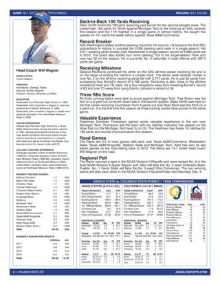 2 // #RAMSHOMETURF 
GAME 12 // COLORADO STATE-PUEBLO RECORD: 9-2 / 5-2 LSC 
ANGELOSPORTS.COM 
Head Coach Will Wagner 
ANGELO STATE 
Fourth Season 
PERSONAL 
Hometown: Odessa, Texas 
Spouse: Andrea Wagner 
Children: Brooks, Brayden and Blair 
EDUCATION 
Graduated from Permian High School in 1992. 
Graduated with a bachelor’s degree in exercise 
science from Hardin-Simmons in 1996. 
Graduated with a master’s degree in health and 
physical education from Northwest Missouri 
State in 2000. 
PLAYING EXPERIENCE 
Helped lead Permian High School to a Texas 
State Championship during his senior season 
in 1991; earned all-America honors as a four-year 
starter at Hardin-Simmons where he set 
school records for interceptions in a season 
with eight and set an American Southwest Con-ference 
record for career picks with 23. 
COLLEGE COACHING EXPERIENCE 
Graduate assistant coach at Hardin-Simmons 
(1996-97); Graduate assistant coach at North-west 
Missouri State (1998-99); Assistant coach/ 
defensive backs at Northwest Missouri State 
(2000-2006); Assistant head coach/defensive 
backs at Northwest Missouri State (1998-2010). 
WAGNER’S RECORD AGAINST... 
Abilene Christian 1-1 .500 
Black Hills State 1-0 1.000 
Chadron State 1-1 .500 
Central Oklahoma 1-0 1.000 
Colorado State-Pueblo 0-1 .000 
Eastern New Mexico 2-2 .500 
Incarnate Word 3-0 1.000 
McMurry 2-0 1.000 
Michigan Tech 1-0 1.000 
Midwestern State 2-3 .400 
Tarleton State 1-3 .250 
Texas A&M-Commerce 4-1 .800 
Texas A&M-Kingsville 2-2 .500 
Valdosta State 0-2 .000 
West Texas A&M 0-4 .000 
Western State (Colo.) 3-0 1.000 
Total 24-20 .545 
WAGNER’S YEAR-BY-YEAR RESULTS 
OVERALL LSC 
2011 5-6 2-6 
2012 5-6 4-4 
2013 5-6 2-4 
2014 9-2 5-2 
Total 24-20 13-16 
Back-to-Back 100 Yards Receiving 
Talon Smith broke the 100-yard receiving yard barrier for the second-straight week. The 
career-high 169 yards for Smith against Michigan Tech is the most by an ASU receiver 
this season and the 11th highest in a single game in school history. He caught five 
passes for 101-yards the week before against Texas A&M-Commerce. 
Record Breaker 
Kyle Washington added another passing record to his resume. He became the first ASU 
quarterback in history to surpass the 3,000 passing yard mark in a single season. His 
3,011 passing yards breaks Josh Neiswander’s single-season record of 2,983 yards set 
in 2010. The junior also added four more passing TDs to his single-season mark and 
now has 32 on the season. He is currently No. 3 nationally in total offense with 357.4 
yards per game. 
Receiving Milestone 
Dakarai Pecikonis continued his climb on the ASU all-time career receiving list and is 
on the verge of adding his name to a couple more. The senior wide receiver moved is 
now No. 2 on the all-time receiving yards list with 2,747 yards. He is just 52 yards from 
surpassing Don Burrell’s record of 2,798 yards. Pecikonis is also close to the all-time 
receptions mark and TD mark. He is four receptions away from breaking Burrell’s record 
of 83 and one TD away from tying Darron Johnson’s record of 26. 
Three RBs Score 
All three running backs were able to score against Michigan Tech. Trey Green was the 
first on a 5-yard run on fourth down late in the second quarter. Blake Smith was next on 
his first career receiving touchdown from 6-yards out and Ryan Byrd was the third on a 
2-yard run. It is the first time this season all three running backs have scored in the same 
game. 
Valuable Experience 
Freshman Donovan Thompson gained some valuable experience in the win over 
Michigan Tech. Thompson led the team with six catches including five passes on the 
drive that cut the Michigan Tech lead to 41-35. The freshman has made 18 catches for 
190 yards and scored one touchdown this season. 
Road Games 
The Rams are 5-0 in road games with wins over Texas A&M-Commerce, Midwestern 
State, Texas A&M-Kingsville, Tarleton State and Michigan Tech. ASU has won its last 
seven games on the road dating back to 2013. The Rams are 13-7 under head coach 
Will Wagner on the road. 
Regional Poll 
The Rams secured a spot in the NCAA Division II Playoffs and were ranked No. 6 in the 
final NCAA Division II Super Region poll. ASU will face the No. 2 seed Colorado State- 
Pueblo. No. 1 Ferris State will face the No. 5-seed Ohio Dominican. The two winning 
teams will play each other in the NCAA Division II Quarterfinals next Saturday, Dec. 6. 
ANGELO STATE (9-2/5-2 LSC) 
TEAM STATISTICS ASU OPP 
Points/Game 41.7 31.1 
First Downs/Game 24.1 24.5 
Rushing/Game 198.4 195.6 
Passing/Game 284.3 266.1 
Tot. Offense/Game 482.6 461.7 
Fumbles-Lost 9-5 18-8 
Pen.-Yds/Game 57.7 56.3 
Time of Possession 27:36 32:24 
INDIVIDUAL LEADERS 
Rushing Att-Net Avg. TD YPG 
Washington 155-921 5.9 9 83.7 
Byrd 135-782 5.8 6 71.1 
Passing C-A-YDs Pct. TD-INT YPG 
Washington 234-365-3011 34.1 32-8 273.7 
Receiving Rec-Yds Avg. TD YPG 
Pecikonis 47-639 13.6 8 58.1 
Yancy 42-390 9.3 3 36.5 
Smith 41-740 18.5 9 67.3 
Defense U-A-TT TFL INT FF-FR 
Seaver 62-79-141 12.0 0 0-0 
Smith 37-57-94 7.5 2 1-0 
Clapsaddle 38-53-91 1.0 2 1-0 
CSU-PUEBLO (10-1/8-1 RMAC) 
TEAM STATISTICS CSUP OPP 
Points/Game 36.2 13.0 
First Downs 21.6 16.3 
Rushing/Game 197.5 110.5 
Passing/Game 234.7 177.4 
Tot. Offense/Game 432.3 287.9 
Fumbles-Lost 11-9 22-12 
Pen.-Yds/Game 57.9 49.0 
Time of Possession 31:01 28:58 
INDIVIDUAL LEADERS 
Rushing Att-Net Avg. TD YPG 
McDondle 244-1555 6.4 13 141.4 
Matthews 74-386 5.2 3 35.1 
Passing C-A-YDs Pct. TD-INT YPG 
Bonner 196-349-2529 56.2 23-6 229.9 
Receiving Rec-Yds Avg. TD YPG 
Duncan 34-564 16.6 2 80.6 
Radebaugh 28-349 12.5 6 34.9 
Thompson 19-194 10.2 2 19.4 
Defense U-A-TT TFL INT FF-FR 
Brown 38-36-74 4.0 1 3-1 
Rosenbrock 41-29-70 6.5 0 0-0 
Lacy 33-24-57 6.0 1 0-0 
STATS/LSC RANK ASU OPP 
Scoring Offense 12 33 
Total Offense 18 55 
Rushing Offense 41 42 
Passing Offense 32 71 
Pass Efficiency 13 63 
Kickoff Ret. 17 45 
First Downs 19 58 
3rd Down Conv. % 35 111 
Penalties 68 58 
Time of Poss. 144 57 
Total Defense 155 10 
Rushing Defense 131 23 
Pass Defense 141 22 
Interceptions 18 1 
ANGELO STATE vs. COLORADO STATE-PUEBLO // TEAM COMPARISONS 
 