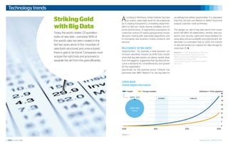 Technology trends

                         Striking Gold                                  A    ccording to McKinsey Global Institute, big data
                                                                             can unlock value (high level) for the enterprise
                                                                        by: 1) creating transparency; 2) enabling experimen-
                                                                                                                                   up-selling/cross-selling opportunities. It is stipulated
                                                                                                                                   that they will also use Watson to detect fraud and
                                                                                                                                   analyze customer credit worthiness.
                         with Big Data                                  tation to discover needs, expose variability, and im-
                                                                        prove performance; 3) segmenting populations to            The danger (or risk) of big data stems from issues
                         Today, the world creates 2.5 quintillion       customize actions; 4) replacing/supporting human           which will affect all stakeholders, namely: data pro-
                         bytes of new data – everyday! 90% of           decisions making with automated algorithms; and            tection and security, rights and responsibilities for
                                                                        5) innovating new business models, products, and           using data, and accountability and enforcement. Ad-
                         the world’s data has been created in the       services.                                                  ditionally, it is estimated that by 2020, the volume
                         last two years alone. In this mountain of                                                                 of data will exceed our capacity for data storage by
                         data (both structured and unstructured),       Relevance of Big Data                                      more than 2:1. v
                                                                        Opportunities – for example, a retail business can
                         there is gold to be found. Companies must                                                                 Sources: IBM | “Understanding Big Data”, March 2011
                                                                        increase operating margins by 60%. Early results           McKinsey Global Institute | “Big Data”, June 2011
                         acquire the right tools and processes to       show that big data leaders are taking market share         World Economic Forum | “Rethinking Personal Data:
                                                                                                                                   Strengthening Trust” (August 2011)
                         separate the dirt from the gold efficiently.   from the laggards; suggesting that big data will be-       The Economist | “Big Data: Crunching the Numbers”,
                                                                        come a keystone for competitiveness and growth             May 19, 2012

                                                                        for the organization.
                                                                        Specifically for the banking sector, Citibank has
                                                                        partnered with IBM (“Watson”) to use big data for



                                                                        OPEN WIDE
                                                                        Global digital information

                                                                               Created              Storage available                                                    Zettabytes = 1 trilion gigabytes

                                                                                                                                                                                                        35
                                                                                      2005 : 0.13                       ESTIMATE                           FORECAST
                                                                                                                                                                                                        30

                                                                                                                                                                                                        25
                                                                                      2020: 34.6                                                                                                        20
                                                                                        forecast
                                                                                                                                                                                                        15

                                                                                                                                                                                                        10

                                                                                                                                                                                                        5

                                                                                                                                                                                                        0
                                                                        2005                                     2010                              2015                                          2020


                                                                        Source: IDC


50                                                                                                                                                                       September 2012 | GAMIFICATION 51
 