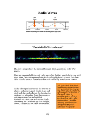 129
Radio Waves
What do Radio Waves show us?
The above image shows the Carbon Monoxide (CO) gases in our Milky Way
galaxy.
Many astronomical objects emit radio waves, but that fact wasn't discovered until
1932. Since then, astronomers have developed sophisticated systems that allow
them to make pictures from the radio waves emitted by astronomical objects.
Radio telescopes look toward the heavens at
planets and comets, giant clouds of gas and
dust, and stars and galaxies. By studying the
radio waves originating from these sources,
astronomers can learn about their
composition, structure, and motion. Radio
astronomy has the advantage that sunlight,
clouds, and rain do not affect observations.
Did you know that radio
astronomy observatories
use diesel cars around the
telescopes? The ignition of
the spark plugs in
gasoline-powered cars
can interfere with radio
observations - just like
running a vacuum can
interfere with your
television reception!
 