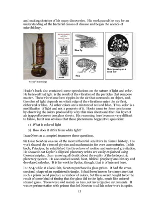 13
and making sketches of his many discoveries. His work paved the way for an
understanding of the bacterial causes of disease and began the science of
microbiology.
Hooke’s book also contained some speculations on the nature of light and color.
He believed that light is the result of the vibration of the particles that compose
matter. These vibrations form ripples in the air that surrounds an object, and,
the color of light depends on which edge of the vibrations enter the air first,
either red or blue. All other colors are a mixture of red and blue. Thus, color is a
modification of light and not a property of it. Hooke came to these conclusions
by observing the colors produced by very thin mica sheets and the thin layer of
air trapped between two glass sheets. His reasoning here becomes very difficult
to follow, but it was obvious that these phenomena begged two questions:
1) What is colored light
2) How does it differ from white light?
Isaac Newton attempted toanswer these questions.
Sir Isaac Newton was one of the most influential scientists in human history. His
work shaped the views of physics and mathematics for over two centuries. In his
book, Principia, he established the three laws of motion and universal gravitation.
He showed that Kepler’s elliptical planetary orbits are easily explained using
these principles, thus removing all doubt about the reality of the heliocentric
planetary system. He also studied sound, heat, Biblical prophecy and history and
developed calculus. It is his work in Optics, though, that is of interest here.
In 1664, while at a local fair, Newton purchased a glass prism. It had the cross-
sectional shape of an equilateral triangle. It had been known for some time that
such a prism could produce a rainbow of colors, but these were thought to be the
result of some kind of tinting that the glass did to the light, much like colored
stained glass. These were sold mainly as toys, not investigative instruments. It
was experimentation with prisms that led Newton to all his other work in optics.
Hooke’s microscope
Flea
Louse
Blue fly
Mold growingon a
rose leaf
 