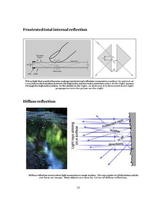 18
Frustratedtotal internal reflection
Diffuse reflection
When light thatwould otherwise undergo totalinternalreflection encountersa surface in contact or
v ery close to the boundary between the highindex and lowindex materials som e of the light passes
throughthe highindexsurface. In the sketch on the right, as distance d is decreased m ore light
propagates into the prism on the right
Diffuse reflection occurswhen light encountersa rough surface. The rays scatter in alldirections and do
not form an im age. Most objects are seen by v irtue of diffuse reflection.
 