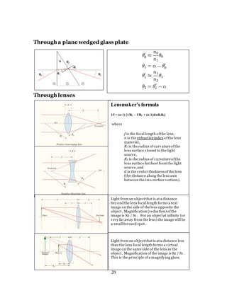 20
Through a plane wedged glass plate
Through lenses
.
Lensmaker’s formula
1/f = (n-1) [1/R1 – 1/R2 + (n-1)d/nR1R2]
where
f is the focal length ofthe lens,
n is the refractiveindex ofthe lens
material,
R1 is the radius ofcurvatureofthe
lens surface closest to the light
source,
R2 is the radius of curvatureofthe
lens surface farthest from the light
source,and
d is the center thicknessofthe lens
(the distance along the lens axis
between the two surface vertices).
Light from an object that is at a distance
beyondthe lens focal length forms a real
image on the side of the lens opposite the
object. Magnification (reduction) ofthe
image is S2 / S1. For an objectat infinity (or
very far away from the lens) the image will be
a small focused spot.
Light from an object that is at a distance less
than the lens focal length forms a virtual
image on the same side of the lens as the
object. Magnification ofthe image is S2 / S1.
This is the principle ofa magnifying glass.
 