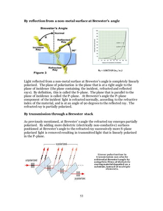 53
By reflection from a non-metal surface at Brewster’s angle
Light reflected from a non-metal surface at Brewster’s angle is completely linearly
polarized. The plane of polarization is the plane that is at a right angle to the
plane of incidence (the plane containing the incident, refracted and reflected
rays). By definition, this is called the S-plane. The plane that is parallel to the
plane of incidence is called the P-plane. At Brewster’s angle the P-plane
component of the incident light is refracted normally, according to the refractive
index of the material, and is at an angle of 90 degrees to the reflected ray. The
refracted ray is partially polarized.
By transmission through a Brewster stack
As previously mentioned, at Brewster’ s angle the refracted ray emerges partially
polarized. By adding more dielectric (electrically non-conductive) surfaces
positioned at Brewster’s angle to the refracted ray successively more S-plane
polarized light is removed resulting in transmitted light that is linearly polarized
in the P-plane.
θB = ARCTAN (n2 / n1)
Linear polarization in
transm ission can also be
achieved at Brewster’sangle by
usingthin film s of dielectric
coatingmaterial deposited on a
substrate,instead of m ultiple
elem ents.
 