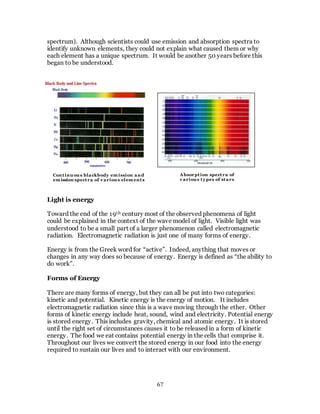 67
spectrum). Although scientists could use emission and absorption spectra to
identify unknown elements, they could not explain what caused them or why
each element has a unique spectrum. It would be another 50 years before this
began to be understood.
Light is energy
Toward the end of the 19th century most of the observed phenomena of light
could be explained in the context of the wave model of light. Visible light was
understood to be a small part of a larger phenomenon called electromagnetic
radiation. Electromagnetic radiation is just one of many forms of energy.
Energy is from the Greek word for “active”. Indeed, anything that moves or
changes in any way does so because of energy. Energy is defined as “the ability to
do work”.
Forms of Energy
There are many forms of energy, but they can all be put into two categories:
kinetic and potential. Kinetic energy is the energy of motion. It includes
electromagnetic radiation since this is a wave moving through the ether. Other
forms of kinetic energy include heat, sound, wind and electricity. Potential energy
is stored energy. This includes gravity, chemical and atomic energy. It is stored
until the right set of circumstances causes it to be released in a form of kinetic
energy. The food we eat contains potential energy in the cells that comprise it.
Throughout our lives we convert the stored energy in our food into the energy
required to sustain our lives and to interact with our environment.
Continuous blackbody em ission and
em ission spectra of v arious elem ents
Absorption spectra of
v arious ty pes of stars
 