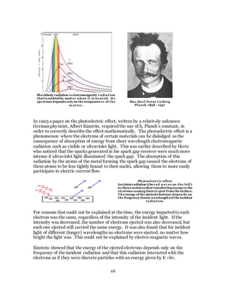 69
In 1905 a paper on the photoelectric effect, written by a relatively unknown
German physicist, Albert Einstein, required the use of h, Planck’s constant, in
order to correctly describe the effect mathematically. The photoelectric effect is a
phenomenon where the electrons of certain materials can be dislodged as the
consequence of absorption of energy from short wavelength electromagnetic
radiation such as visible or ultraviolet light. This was earlier described by Hertz
who noticed that the sparks generated in his spark gap receiver were much more
intense if ultraviolet light illuminated the spark gap. The absorption of this
radiation by the atoms of the metal forming the spark gap caused the electrons of
these atoms to be less tightly bound to their nuclei, allowing them to more easily
participate in electric current flow.
For reasons that could not be explained at the time, the energy imparted to each
electron was the same, regardless of the intensity of the incident light. If the
intensity was decreased, the number of electrons ejected was also decreased, but
each one ejected still carried the same energy. It was also found that for incident
light of different (longer) wavelengths no electrons were ejected, no matter how
bright the light was. This could not be explained by electro-magnetic waves.
Einstein showed that the energy of the ejected electrons depends only on the
frequency of the incident radiation and that this radiation interacted with the
electrons as if they were discrete particles with an energy given by E =hv.
Max Karl Ernst Ludwig
Planck 1858 - 1947
Blackbody radiation iselectromagnetic radiation
thatisemitted by matter when it is heated. Its
spectrum dependsonly on the temperature of the
m atter.
Photoelectric effect
Incidentradiation (the red wav es on the left)
strikesa metalsurface transferringenergy to the
electrons causingthem to eject from the surface.
The energy of the ejected electrons depends on
the frequency (hence wavelength)of the incident
radiation.
 