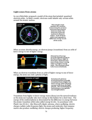 74
Light comes from atoms
In 1913 Niels Bohr proposed a model of the atom that included quantized
electron orbits. In Bohr's model, electrons could inhabit only certain orbits
around the atomic nucleus.
When an atom absorbs energy, an electron jumps (transitions) from an orbit of
lower energy to one of higher energy.
When an electron transitions from an orbit of higher energy to one of lower
energy, the atom can emit a photon of light.
Transitions from higher to lower energy states (decay) are the natural tendency
as the atom can typically only store energy in this fashion for a short time. The
energy of the emitted photon is determined by the difference in energy between
the atomic transition orbits (also called energy levels). In accordance with
Plank’s law (E=hv). Like Maxwell’s dipole antenna, where oscillating electric
charges radiate radio frequency light, the atoms and molecules that compose
matter also produce oscillating electric charges producing higher frequency
This simple atom
consists of a nucleus
(containing the protons
and neutrons) and an
electron cloud. The
electrons circle the
nucleus in discrete
orbits. Each of these
orbits corresponds to
different energy levels
of the atom.
Absorption of energy:
An atom absorbs energy in
the form of heat, light, or
electricity. Electrons may
move from a lower-energy
orbit toa higher-energy
orbit. The electron is said
tobe in an exited state.
Emission of a photon:
Excited electrons naturally
transition from a higher toa
lower energy orbit releasing
energy in the form of a light
photon. The emitted photon
emitted has a very specific
wavelength (color).
 