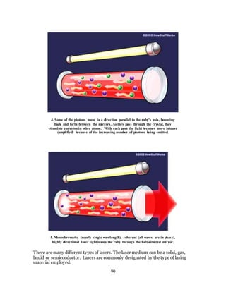 90
4. Some of the photons move in a direction parallel to the ruby's axis, bouncing
back and forth between the mirrors. As they pass through the crystal, they
stimulate emission in other atoms. With each pass the light becomes more intense
(amplified) because of the increasing number of photons being emitted.
5. Monochromatic (nearly single wavelength), coherent (all waves are in phase),
highly directional laser light leaves the ruby through the half-silvered mirror.
There are many different types of lasers. The laser medium can be a solid, gas,
liquid or semiconductor. Lasers are commonly designated by the type of lasing
material employed:
 