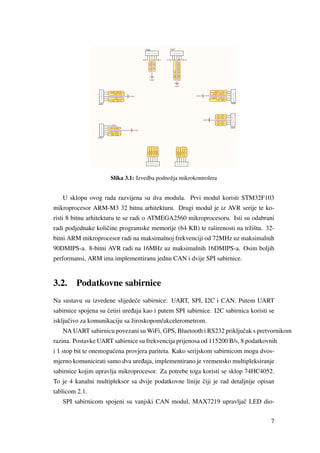 Slika 3.1: Izvedba podnožja mikrokontrolera
U sklopu ovog rada razvijena su dva modula. Prvi modul koristi STM32F103
mikroprocesor ARM-M3 32 bitnu arhitekturu. Drugi modul je iz AVR serije te ko-
risti 8 bitnu arhitekturu te se radi o ATMEGA2560 mikroprocesoru. Isti su odabrani
radi podjednake koliˇcine programske memorije (64 KB) te raširenosti na tržištu. 32-
bitni ARM mikroprocesor radi na maksimalnoj frekvenciji od 72MHz uz maksimalnih
90DMIPS-a. 8-bitni AVR radi na 16MHz uz maksimalnih 16DMIPS-a. Osim boljih
performansi, ARM ima implementiranu jednu CAN i dvije SPI sabirnice.
3.2. Podatkovne sabirnice
Na sustavu su izvedene slijede´ce sabirnice: UART, SPI, I2C i CAN. Putem UART
sabirnice spojena su ˇcetiri ure ¯daja kao i putem SPI sabirnice. I2C sabirnica koristi se
iskljuˇcivo za komunikaciju sa žiroskopom/akcelerometrom.
NA UART sabirnicu povezani su WiFi, GPS, Bluetooth i RS232 prikljuˇcak s pretvornikom
razina. Postavke UART sabirnice su frekvencija prijenosa od 115200 B/s, 8 podatkovnih
i 1 stop bit te onemogu´cena provjera pariteta. Kako serijskom sabirnicom mogu dvos-
mjerno komunicirati samo dva ure ¯daja, implementirano je vremensko multipleksiranje
sabirnice kojim upravlja mikroprocesor. Za potrebe toga koristi se sklop 74HC4052.
To je 4 kanalni multipleksor sa dvije podatkovne linije ˇciji je rad detaljnije opisan
tablicom 2.1.
SPI sabirnicom spojeni su vanjski CAN modul, MAX7219 upravljaˇc LED dio-
7
 