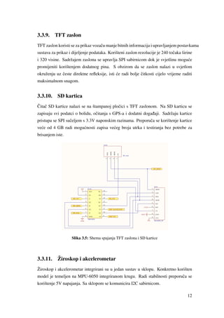 3.3.9. TFT zaslon
TFT zaslon koristi se za prikaz vozaˇcu manje bitnih informacija i upravljanjem postavkama
sustava za prikaz i dijeljenje podataka. Korišteni zaslon rezolucije je 240 toˇcaka širine
i 320 visine. Sadržajem zaslona se upravlja SPI sabirnicom dok je svjetlinu mogu´ce
promijeniti korištenjem dodatnog pina. S obzirom da se zaslon nalazi u svjetlom
okruženju uz ˇceste direktne reﬂeksije, isti ´ce radi bolje ˇcitkosti cijelo vrijeme raditi
maksimalnom snagom.
3.3.10. SD kartica
ˇCitaˇc SD kartice nalazi se na štampanoj ploˇcici s TFT zaslonom. Na SD karticu se
zapisuju svi podatci o bolidu, oˇcitanja s GPS-a i dodatni doga ¯daji. Sadržaju kartice
pristupa se SPI suˇceljem s 3.3V naponskim razinama. Preporuˇca se korištenje kartice
ve´ce od 4 GB radi mogu´cnosti zapisa ve´ceg broja utrka i testiranja bez potrebe za
brisanjem iste.
Slika 3.5: Shema spajanja TFT zaslona i SD kartice
3.3.11. Žiroskop i akcelerometar
Žiroskop i akcelerometar integrirani su u jedan sustav u sklopu. Konkretno korišten
model je temeljen na MPU-6050 integriranom krugu. Radi stabilnosti preporuˇca se
korištenje 5V napajanja. Sa sklopom se komunicira I2C sabirnicom.
12
 