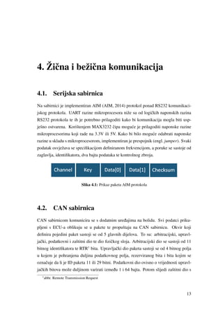 4. Žiˇcna i bežiˇcna komunikacija
4.1. Serijska sabirnica
Na sabirnici je implementiran AIM (AIM, 2014) protokol ponad RS232 komunikaci-
jskog protokola. UART razine mikroprocesora niže su od logiˇckih naponskih razina
RS232 protokola te ih je potrebno prilagoditi kako bi komunikacija mogla biti usp-
ješno ostvarena. Korištenjem MAX3232 ˇcipa mogu´ce je prilagoditi naponske razine
mikroprocesorima koji rade na 3.3V ili 5V. Kako bi bilo mogu´ce odabrati naponske
razine u skladu s mikroprocesorom, implementiran je prespojnik (engl. jumper). Svaki
podatak osvježava se speciﬁkacijom deﬁniranom frekvencijom, a poruke se sastoje od
zaglavlja, identiﬁkatora, dva bajta podataka te kontrolnog zbroja.
Slika 4.1: Prikaz paketa AIM protokola
4.2. CAN sabirnica
CAN sabirnicom komunicira se s dodatnim ure ¯dajima na bolidu. Svi podatci priku-
pljeni s ECU-a oblikuju se u pakete te propuštaju na CAN sabirnicu. Okvir koji
deﬁnira pojedini paket sastoji se od 5 glavnih dijelova. To su: arbitracijski, upravl-
jaˇcki, podatkovni i zaštitni dio te dio ﬁziˇckog sloja. Arbitracijski dio se sastoji od 11
bitnog identiﬁkatora te RTR1
bita. Upravljaˇcki dio paketa sastoji se od 4 bitnog polja
u kojem je pohranjena duljina podatkovnog polja, rezerviranog bita i bita kojim se
oznaˇcuje da li je ID paketa 11 ili 29 bitni. Podatkovni dio ovisno o vrijednosti upravl-
jaˇckih bitova može duljinom varirati izme ¯du 1 i 64 bajta. Potom slijedi zaštitni dio s
1
abbr. Remote Transmission Request
13
 