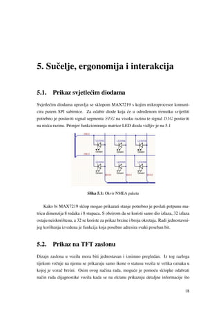 5. Suˇcelje, ergonomija i interakcija
5.1. Prikaz svjetle´cim diodama
Svjetle´cim diodama upravlja se sklopom MAX7219 s kojim mikroprocesor komuni-
cira putem SPI sabirnice. Za odabir diode koja ´ce u odre ¯denom trenutku svijetliti
potrebno je postaviti signal segmenta SEG na visoku razinu te signal DIG postaviti
na nisku razinu. Primjer funkcioniranja matrice LED dioda vidljiv je na 5.1
Slika 5.1: Okvir NMEA paketa
Kako bi MAX7219 sklop mogao prikazati stanje potrebno je poslati potpunu ma-
tricu dimenzija 8 redaka i 8 stupaca. S obzirom da se koristi samo dio izlaza, 32 izlaza
ostaju neiskorištena, a 32 se koriste za prikaz brzine i broja okretaja. Radi jednostavni-
jeg korištenja izvedena je funkcija koja posebno adresira svaki poseban bit.
5.2. Prikaz na TFT zaslonu
Dizajn zaslona u vozilu mora biti jednostavan i iznimno pregledan. Iz tog razloga
tijekom vožnje na njemu se prikazuju samo ikone o statusu vozila te velika oznaka u
kojoj je vozaˇc brzini. Osim ovog naˇcina rada, mogu´ce je pomo´cu sklopke odabrati
naˇcin rada dijagnostike vozila kada se na ekranu prikazuju detaljne informacije što
18
 