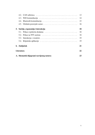 4.2. CAN sabirnica . . . . . . . . . . . . . . . . . . . . . . . . . . . . . 13
4.3. WiFi komunikacija . . . . . . . . . . . . . . . . . . . . . . . . . . . 14
4.4. Bluetooth komunikacija . . . . . . . . . . . . . . . . . . . . . . . . . 15
4.5. Globalni pozicijski sustav . . . . . . . . . . . . . . . . . . . . . . . . 16
5. Suˇcelje, ergonomija i interakcija 18
5.1. Prikaz svjetle´cim diodama . . . . . . . . . . . . . . . . . . . . . . . 18
5.2. Prikaz na TFT zaslonu . . . . . . . . . . . . . . . . . . . . . . . . . 18
5.3. Interakcija s vozaˇcem . . . . . . . . . . . . . . . . . . . . . . . . . . 19
5.4. Klijentske aplikacije . . . . . . . . . . . . . . . . . . . . . . . . . . 19
6. Zakljuˇcak 21
Literatura 22
A. Shematski dijagrami razvijenog sustava 23
v
 