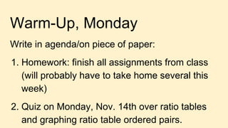 Warm-Up, Monday
Write in agenda/on piece of paper:
1. Homework: finish all assignments from class
(will probably have to take home several this
week)
2. Quiz on Monday, Nov. 14th over ratio tables
and graphing ratio table ordered pairs.
 