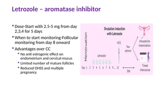Letrozole – aromatase inhibitor
 Dose-Start with 2.5-5 mg from day
2,3,4 for 5 days
 When to start monitoring-Follicular
monitoring from day 8 onward
 Advantages over CC
 No anti estrogenic effect on
endometrium and cervical mucus
 Limited number of mature follicles
 Reduced OHSS and multiple
pregnancy
 