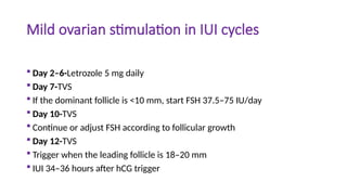 Mild ovarian stimulation in IUI cycles
 Day 2–6-Letrozole 5 mg daily
 Day 7-TVS
 If the dominant follicle is <10 mm, start FSH 37.5–75 IU/day
 Day 10-TVS
 Continue or adjust FSH according to follicular growth
 Day 12-TVS
 Trigger when the leading follicle is 18–20 mm
 IUI 34–36 hours after hCG trigger
 
