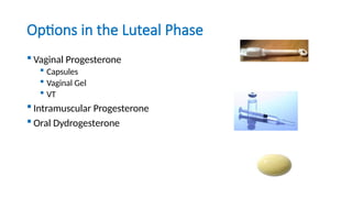 Options in the Luteal Phase
 Vaginal Progesterone
 Capsules
 Vaginal Gel
 VT
 Intramuscular Progesterone
 Oral Dydrogesterone
 