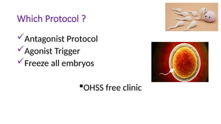 Which Protocol ?
Antagonist Protocol
Agonist Trigger
Freeze all embryos
OHSS free clinic
 