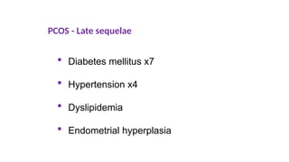 PCOS - Late sequelae
 Diabetes mellitus x7
 Hypertension x4
 Dyslipidemia
 Endometrial hyperplasia
 