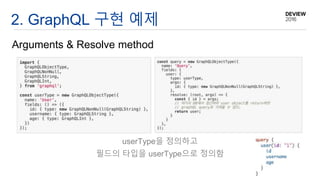 2. GraphQL 구현 예제
Arguments & Resolve method
userType을 정의하고
필드의 타입을 userType으로 정의함
 