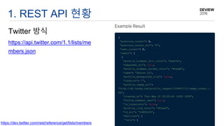 https://api.twitter.com/1.1/lists/me
mbers.json
1. REST API 현황
Twitter 방식
https://dev.twitter.com/rest/reference/get/lists...