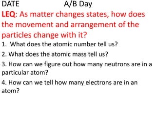 DATE              A/B Day
LEQ: As matter changes states, how does
the movement and arrangement of the
particles change with it?
1. What does the atomic number tell us?
2. What does the atomic mass tell us?
3. How can we figure out how many neutrons are in a
particular atom?
4. How can we tell how many electrons are in an
atom?
 