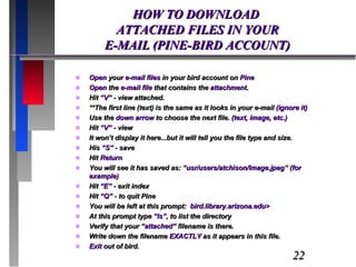 HOW TO DOWNLOAD  ATTACHED FILES IN YOUR  E-MAIL (PINE-BIRD ACCOUNT) Open  your  e-mail files  in your bird account on  Pine Open  the  e-mail file  that contains the  attachmen t. Hit  “V”  - view attached. **The first line (text) is the same as it looks in your e-mail  (ignore it) Use the  down arrow  to choose the next file. ( text, image, etc.) Hit  “V”  - view It won’t display it here...but it will tell you the file type and size. His  “S”  - save Hit  Return You will see it has saved as:  “usr/users/atchison/Image.jpeg” (for example) Hit  “E”  - exit index Hit  “Q”  - to quit Pine You will be left at this prompt:  bird.library.arizona.edu> At this prompt type  “ls” , to list the directory Verify that your  “attached”  filename is there. Write down the filename  EXACTLY  as it appears in this file. Exit  out of bird. 