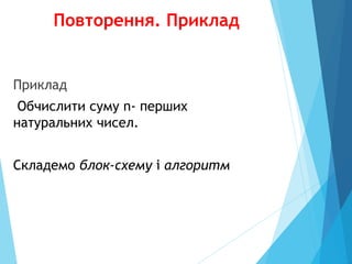 Повторення. Приклад
Приклад
Обчислити суму n- перших
натуральних чисел.
Складемо блок-схему і алгоритм
 