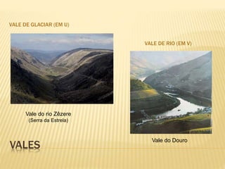 VALES
VALE DE GLACIAR (EM U)
VALE DE RIO (EM V)
Vale do rio Zêzere
(Serra da Estrela)
Vale do Douro
 