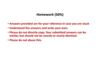 Homework (50%)
• Answers provided are for your reference in case you are stuck
• Understand the answers and write your own.
• Please do not directly copy. Your submitted answers can be
similar, but should not be exactly or nearly identical.
• Please do not abuse this.
 
