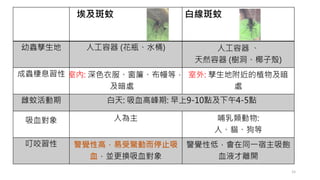 埃及斑蚊 白線斑蚊
幼蟲孳生地 人工容器 (花瓶、水桶) 人工容器 、
天然容器 (樹洞、椰子殼)
成蟲棲息習性 室內: 深色衣服、窗簾、布幔等，
及暗處
室外: 孳生地附近的植物及暗
處
雌蚊活動期 白天: 吸血高峰期: 早上9-10點及下午4-5點
吸血對象 人為主 哺乳類動物:
人、貓、狗等
叮咬習性 警覺性高，易受驚動而停止吸
血，並更換吸血對象
警覺性低，會在同一宿主吸飽
血液才離開
15
 