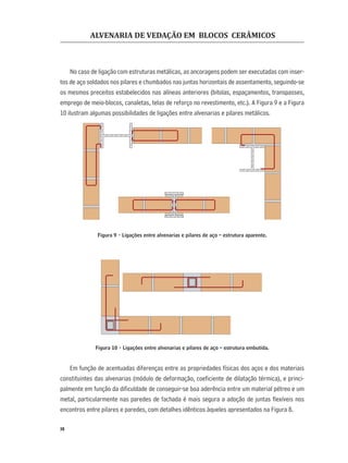 ALVENARIA DE VEDAÇÃO EM BLOCOS CERÂMICOS
30
No caso de ligação com estruturas metálicas, as ancoragens podem ser executadas com inser-
tos de aço soldados nos pilares e chumbados nas juntas horizontais de assentamento, seguindo-se
os mesmos preceitos estabelecidos nas alíneas anteriores (bitolas, espaçamentos, transpasses,
emprego de meio-blocos, canaletas, telas de reforço no revestimento, etc.). A Figura 9 e a Figura
10 ilustram algumas possibilidades de ligações entre alvenarias e pilares metálicos.
Figura 9 - Ligações entre alvenarias e pilares de aço – estrutura aparente.
Figura 10 - Ligações entre alvenarias e pilares de aço – estrutura embutida.
Em função de acentuadas diferenças entre as propriedades físicas dos aços e dos materiais
constituintes das alvenarias (módulo de deformação, coeﬁciente de dilatação térmica), e princi-
palmente em função da diﬁculdade de conseguir-se boa aderência entre um material pétreo e um
metal, particularmente nas paredes de fachada é mais segura a adoção de juntas ﬂexíveis nos
encontros entre pilares e paredes, com detalhes idênticos àqueles apresentados na Figura 8.
 